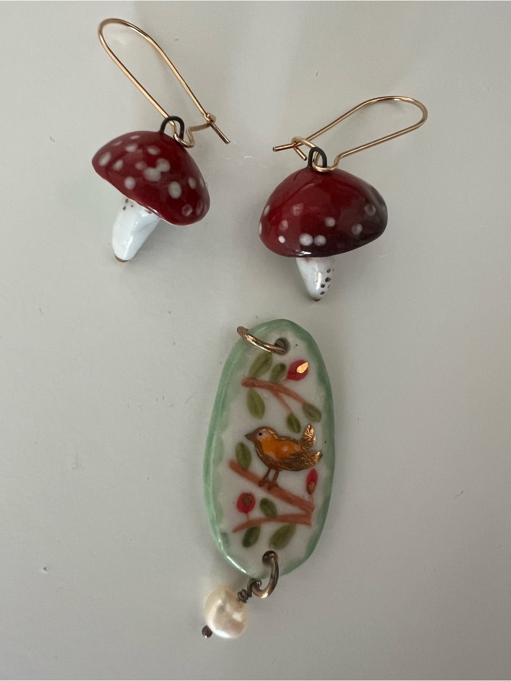 Hand Painted Red Mushroom Drop Earrings and Bird Pendant Ceramic Necklace Set
